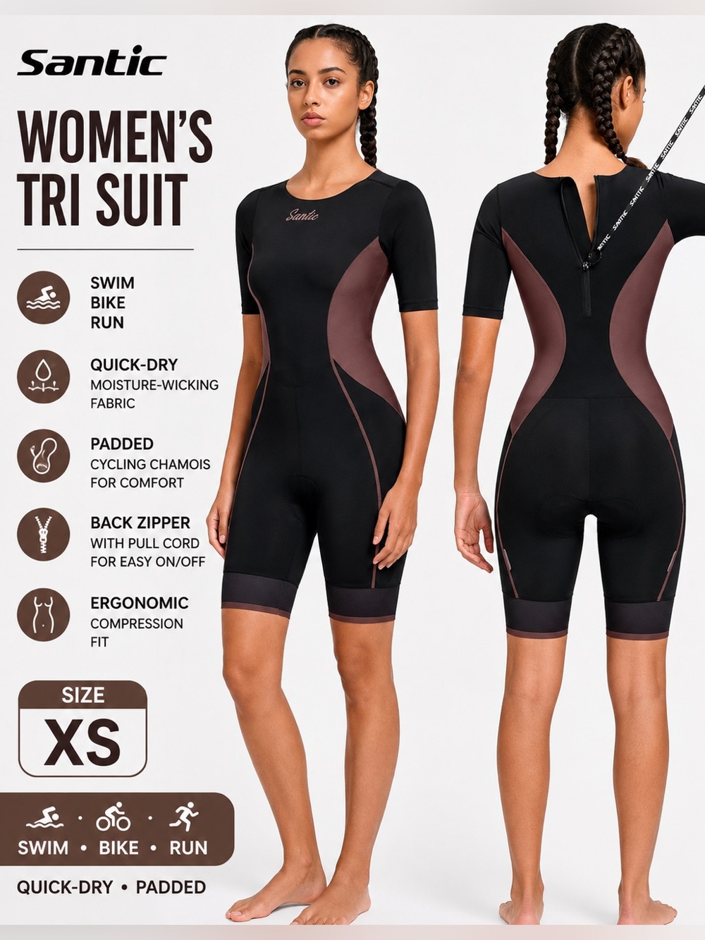 Santic Women’s Triathlon Suit XS Black Brown Short Sleeve Padded Trisuit Swim Bi